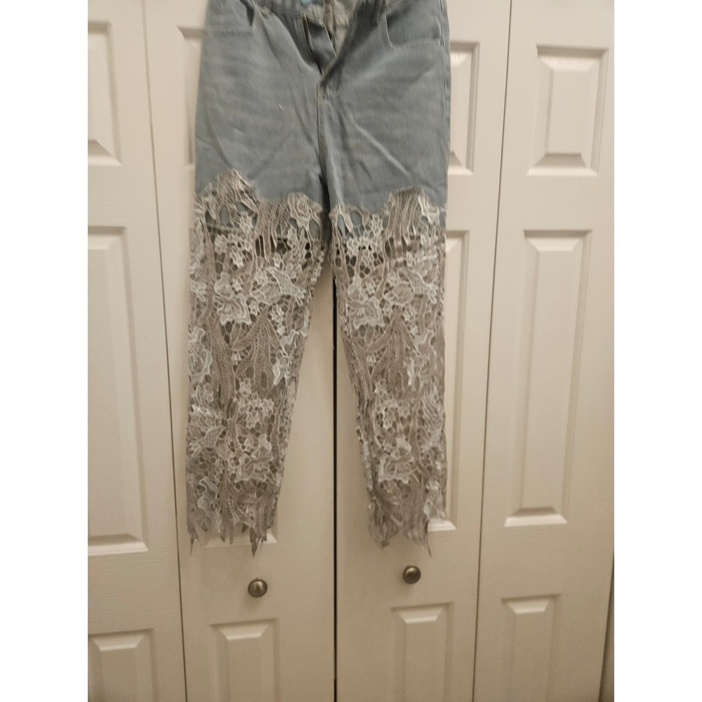 Light Wash Denim Jeans with Sheer Floral Lace Overlay High Waisted Blue Pants